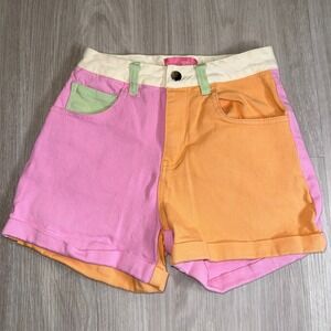 Sugar Thrillz Pastel Colorblock Denim Shorts Pink Orange XS AST20322